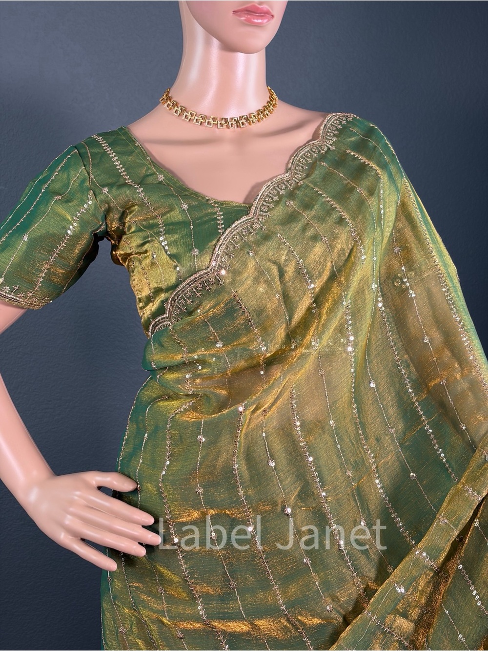 Elegant Green-Gold space silk saree with stitched blouse (Brand New)